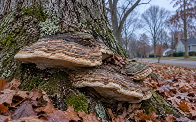 Close-up of shelf fungus growing from the base of a tree trunk